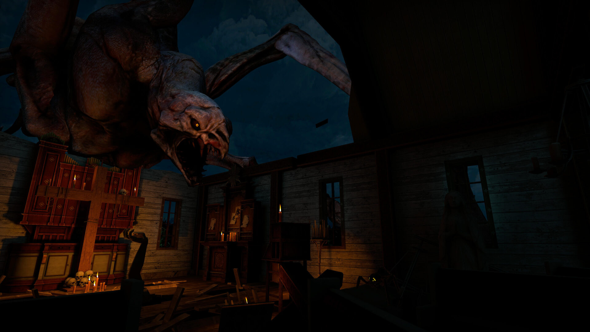 personen die in een oud gebouw met wapens staan te schieten